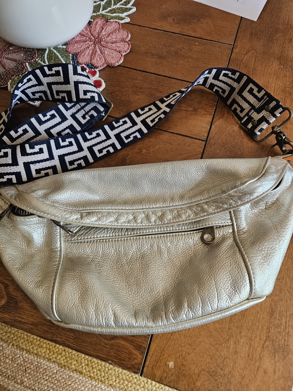 Metallic Gold Crossbody Sling Bag with Patterned Navy Strap Parker Thatch